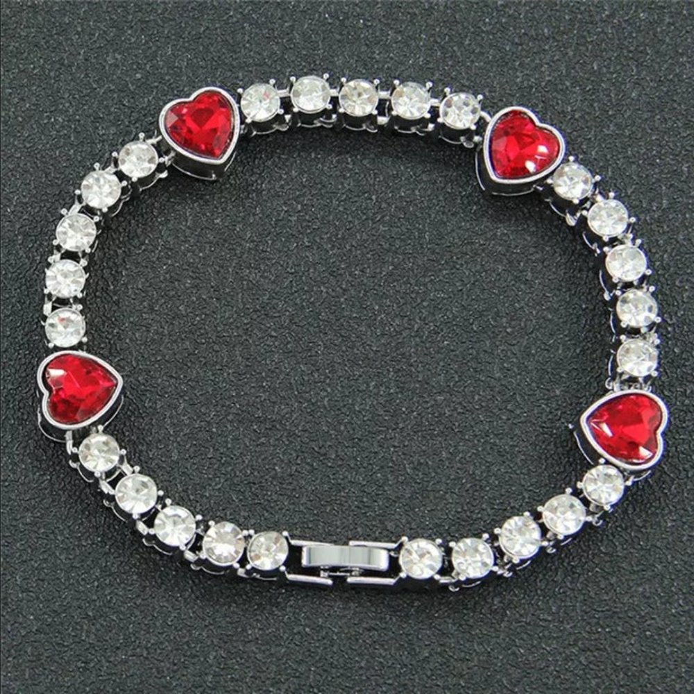 18K White Gold Womens Red Ruby Tennis Bracelet 2ct Diamond Heart Valentines Gift